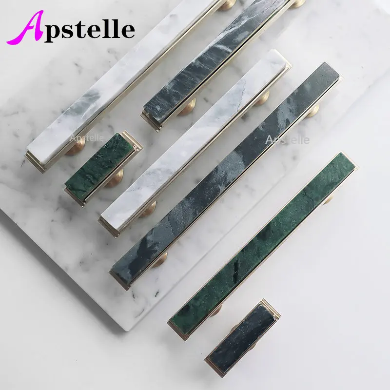 

Apstelle Furniture Hardware Rectangular Marble + Brass Handles and Knob Kitchen Bedroom Cabinet Handles Drawer Stone Handle
