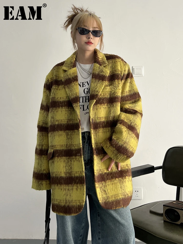 

[EAM] Loose Fit Yellow Plaid Big Size Vintage Woolen Coat Parkas New Long Sleeve Women Fashion Tide Autumn Winter 2023 1DF2804