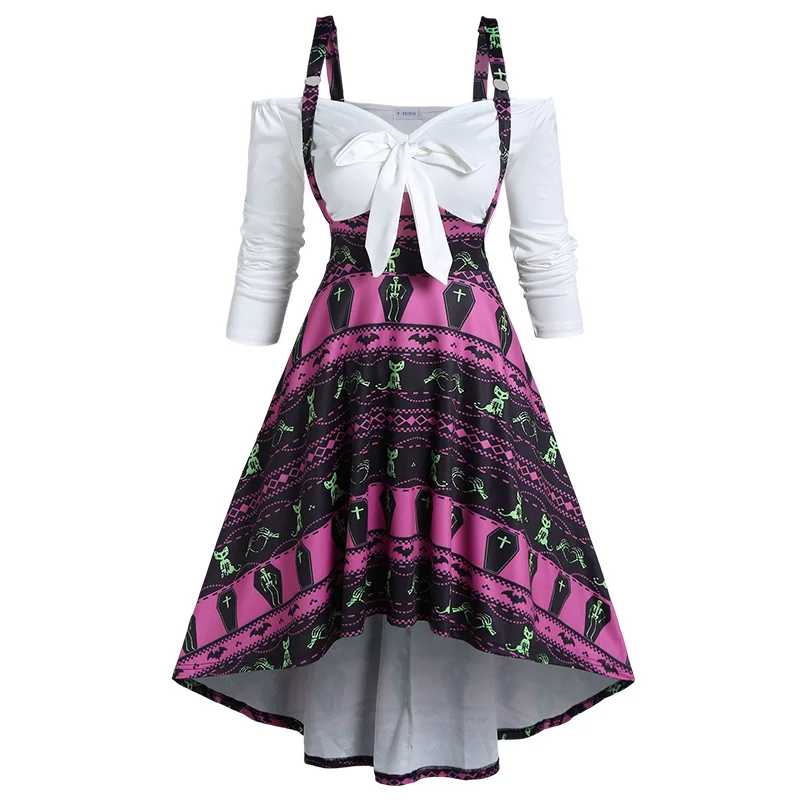 

2 In 1 Cold Shoulder Sun Moon Stars Print Faux Twinset Dress Witchcore Midi Twofer Robe