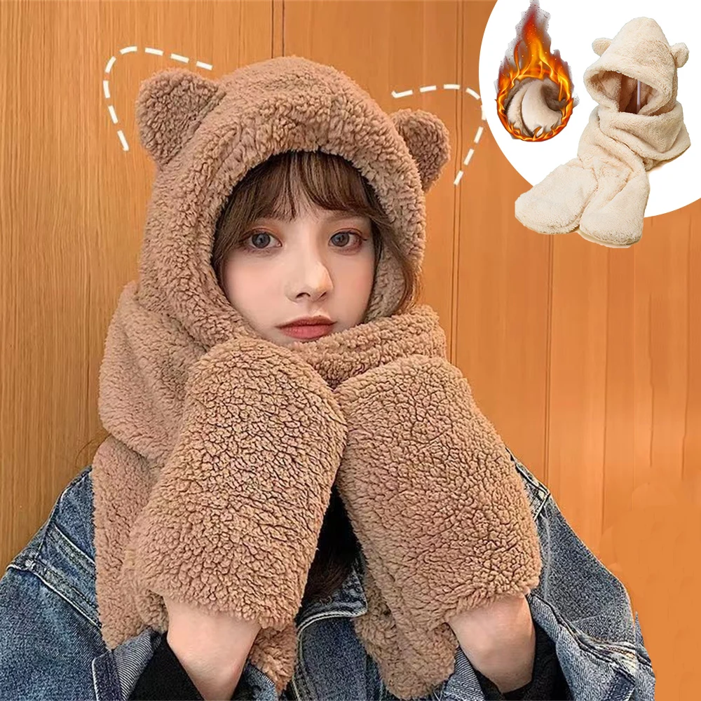 Winter Women Hat Scarf Gloves Set Bear Ear Beanies Caps Warm Balaclava Casual Plush Hats Casual Solid Fleece Girls Kawaii Gifts