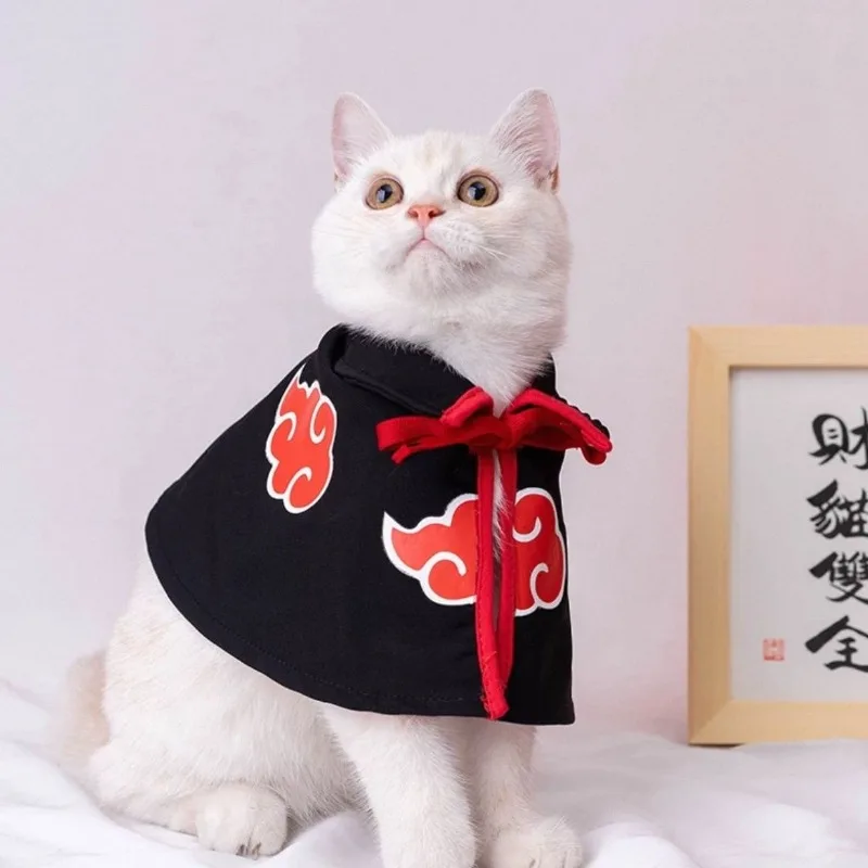 Фото Популярная одежда для кошек в стиле аниме Наруто: Костюм организации Акацуки с красным облачком, плащ для собак, наряд ниндзя для маленьких собак, одежда для домашних животных №4