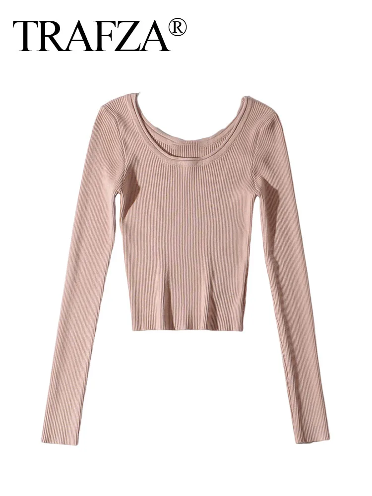 

TRAFZA Casual Knitted Tops Woman 2023 Trendy Solid O-Neck Long Sleeve Pullover Female Elegant And Slim Sweater Tops 6 Color