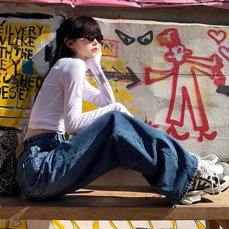 Harajuku Y2K Синие мешковатые джинсы для женщин Уличная одежда Ретро Джинсовые брюки с