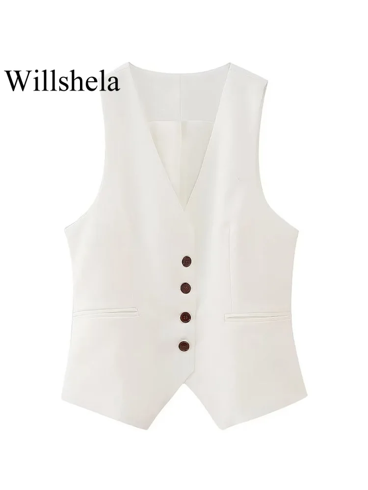

Willshela женский модный белый однобортный жилет без рукавов, винтажный жилет с v-образным вырезом, Женский шикарный женский топ на бретелях