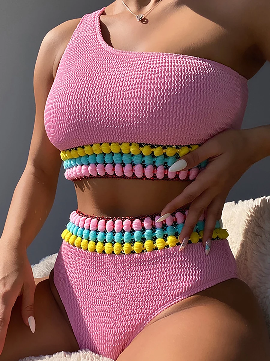 

Sexy Pink High Waist Bikini 2022 Crinkle One Shoulder Asymmetric Swimwear Women Colorful Stripe Swimsuit Bathing Suit Summer New