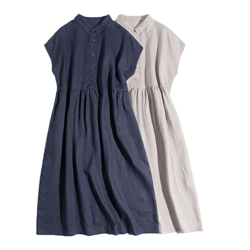 

Cotton Linen Summer Dresses Woman 2022 Casual Turn-Down Collar Short Sleeve Button Up Shirt Dress Elegant Party Dresses Vestido