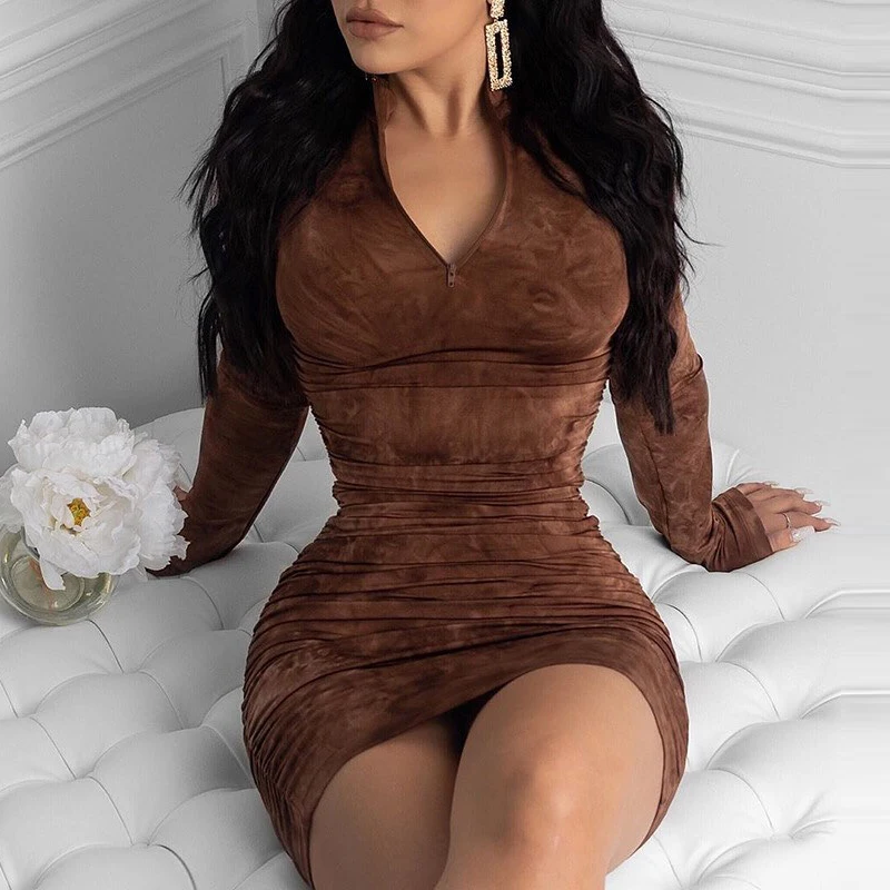

Sexy Solid Color Zip V Neck Party Dresses Women Elegant Long Sleeve Slim Mini Dress Fashion Autumn Wraped Pleated Street Dresses