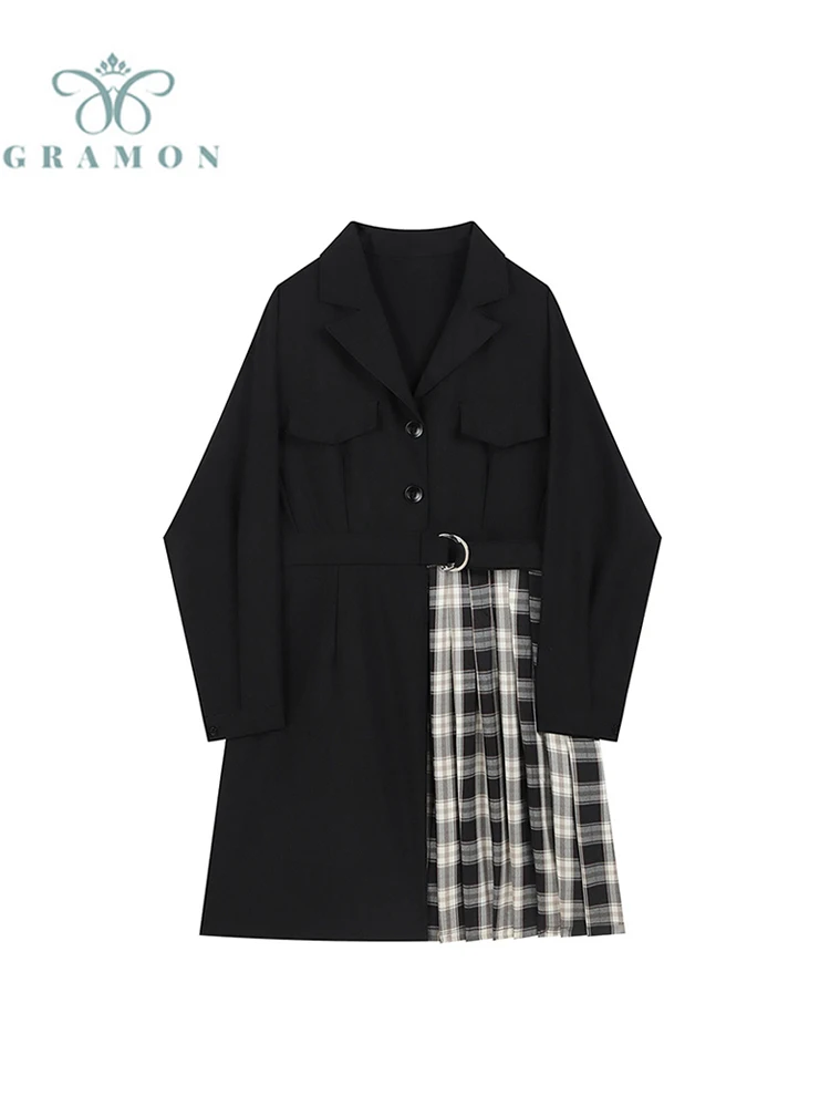 

Womens Sashes High Waist Dress Fashion Long Sleeve Plaid Patchwork Sweet Elegant Office Lady Single Breasted Mini Blazer Dress