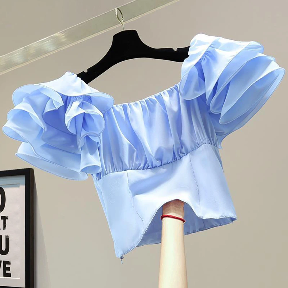 

Chic Ruffle Puff Sleeve Women Blouse Korean Square Collar 2022 New Shirts Elegant Slim Waist Short Blusas Mujer