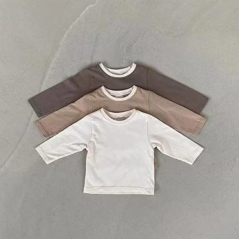 

Осень 2022, Новые однотонные Топы в стиле ретро, универсальный пуловер для маленьких девочек, удобная мягкая хлопковая футболка с длинными ру...