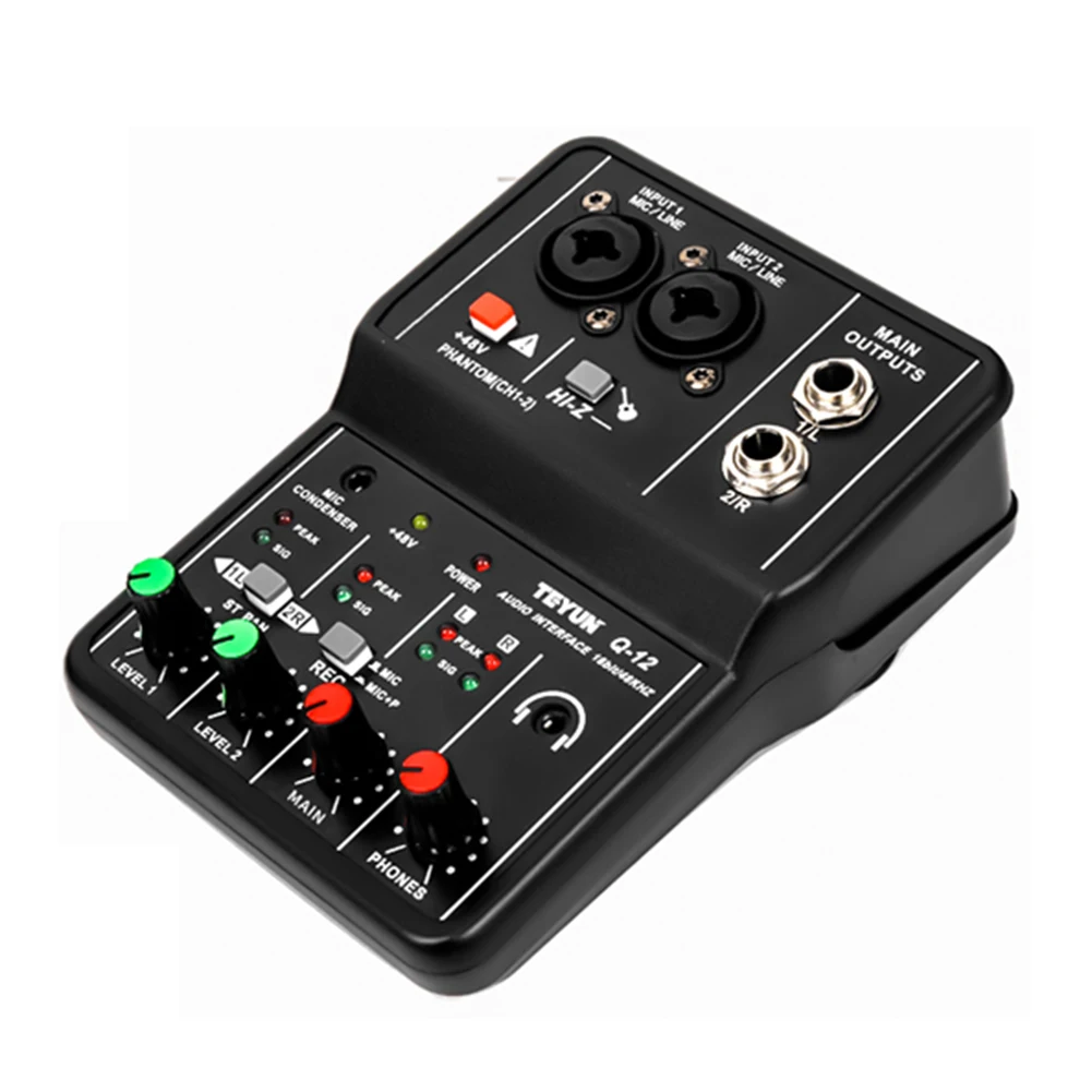 

Q12 Professional Audio Sound Card with Monitor USB 2.0 Electric Guitar Live Broadcast Recording Studio Singing 48V Phantom Power