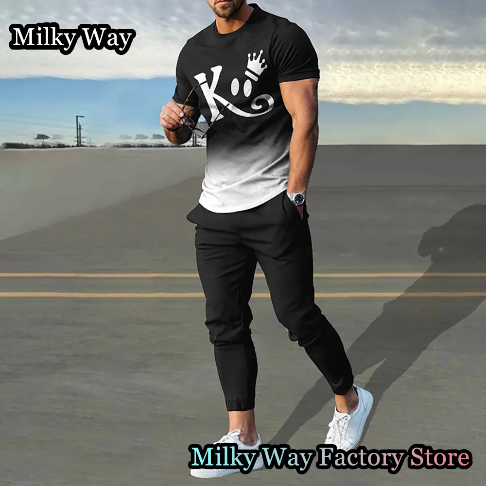 Summer Men Tracksuit 2 Pieces King Printing T-Shirt Trousers Set Casual Jogging Suit Fashion Trend Outfit Male Cool Streetwear