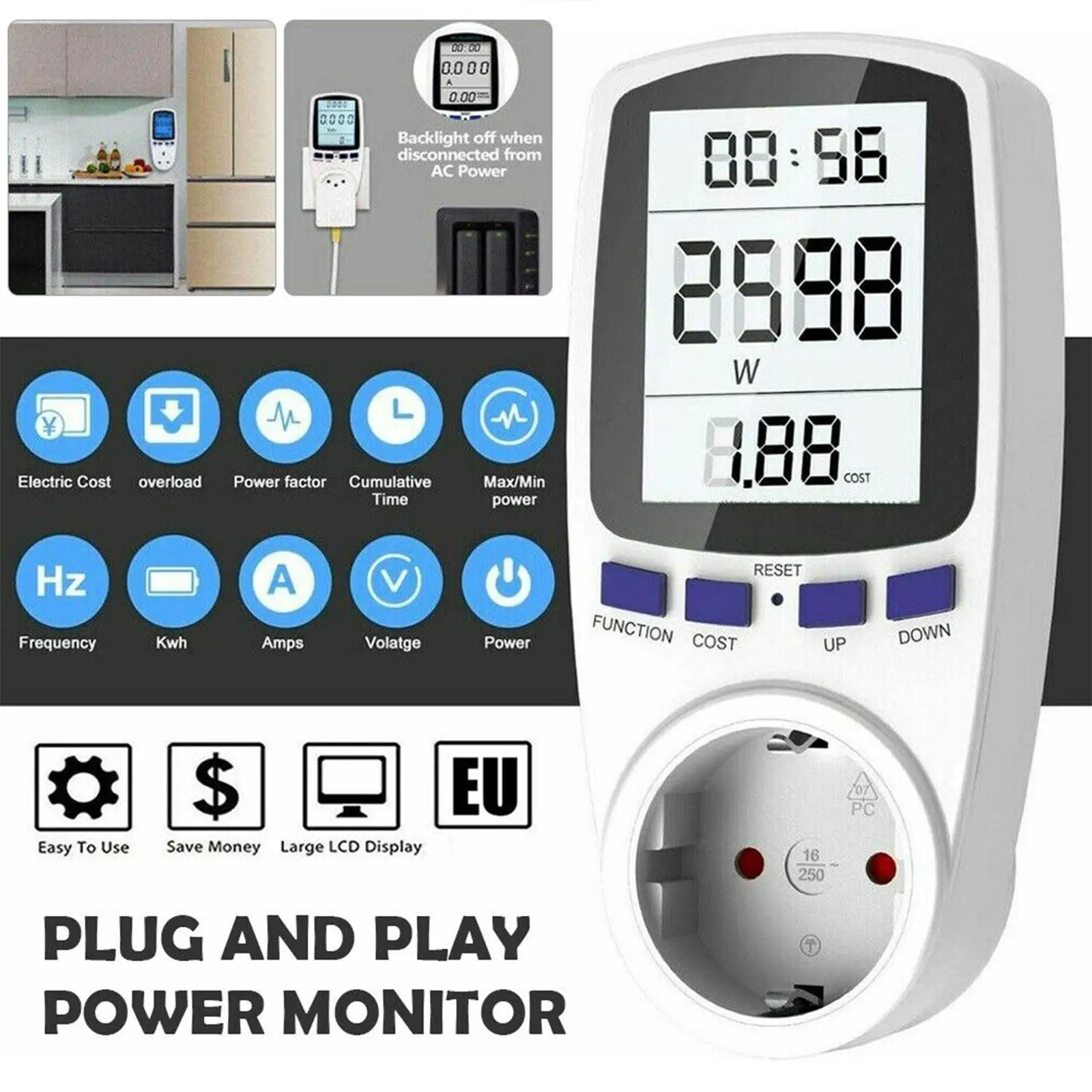 

Digital LCD Power Meter Wattmeter Socket Wattage Kwh Energy Meter AC 220V EU Plug Outlet Power Analyzer