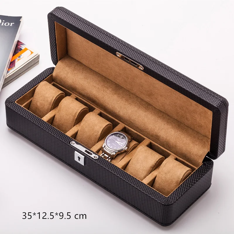 Luxury 6 Slots Leather Watch Box Case Brown Watch Display Case With Lock Jewelry Gift Box Watch Organizer For Men