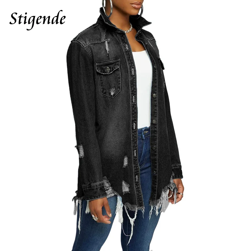 

Stigende Fashion Black Ripped Denim Jacket Women Casual Lapel Neck Jean Coat Pocket Single Breasted Shredded Coat and Jacket