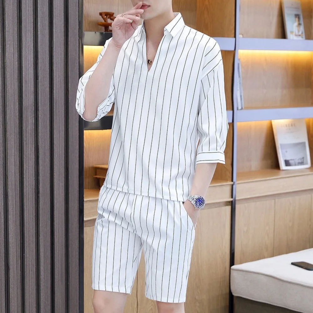 

2 Piece Set Men Korean Fashion Vertical Stripes Pattern Casual Clothes Summer Mens Shorts Set 2022 Streetwear Outfits Stylish