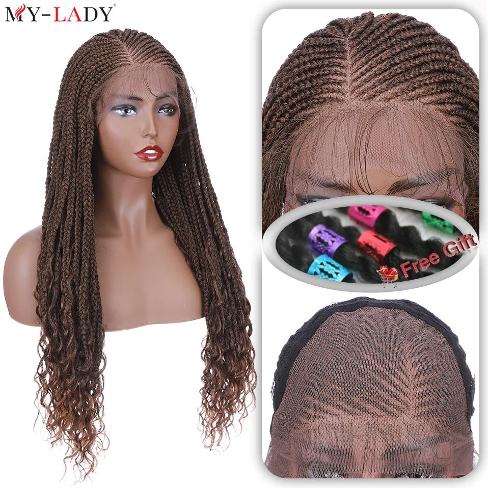 My-Lady Synthetic 28'' Cornrow Braids Lace Wigs Curly Ends Box Braided Lace Front Wig With Baby Hair Frontal  Afro Wig Free Gift