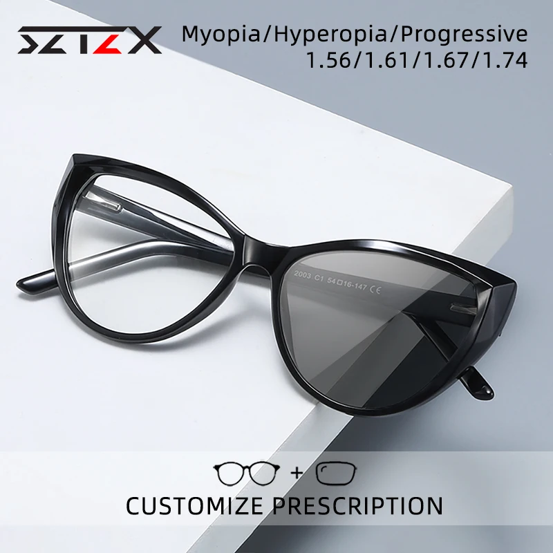 

SZTZX Fashion Cat Eye Photochromic Progressive Reading Glasses For Women Anti Blue Light Prescription Glasses Myopia Eyeglasses