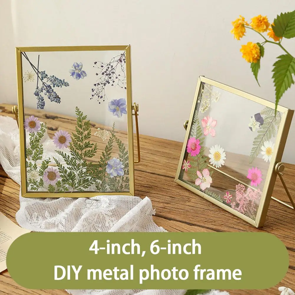 

4/6 In Diy Glass Photo Frame Handmade Creative Simple Dried Flower Picture Frame Metal Geometric Picture Frame Table Ornament