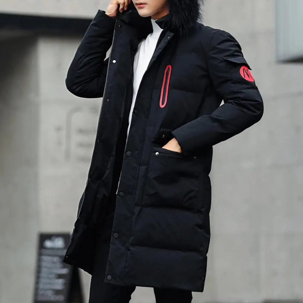 

Stylish Men Hooded Jacket Male Thicken Letter Print Outerwear Solid Color Mid-length Men Outerwear Streetwear