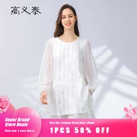100 silk jacquard crew neck panel georgette silk balloon sleeves woman tshirts accordion pleated loose white t shirt by185
