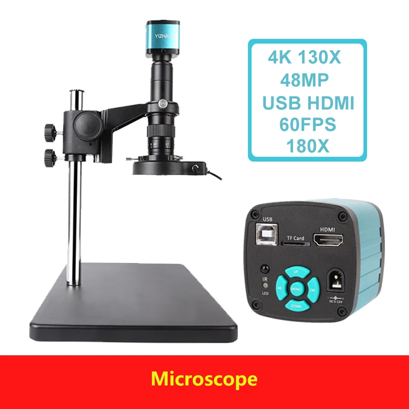 

HDMI USB 48MP 4K Electronic Digital Video Microscope Camera 180X Zoom C-Mount with Stand LED Light For Lab PCB Soldering Repair