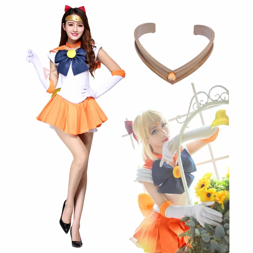 Anime Sailor Minako Aino  Sailor Venus Cosplay Costume Custom Made Dress Bows Headband Gloves Hairpin For Kids Adult Plus Size