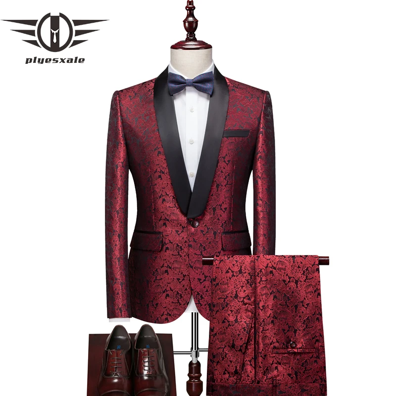 

Plyesxale Burgundy Floral Suit For Men 2022 Shawl Collar Wedding Grooms Bridegroom Suit Slim Fit Singer Costume 2 Piece Q1011