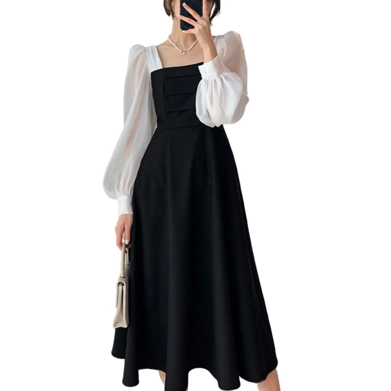 Купи Women Organza Mesh Puff Long Sleeve Midi Long Swing Dress Colorblock Patchwork Square Neck A-Line Pleated Flare Dress за 200 рублей в магазине AliExpress