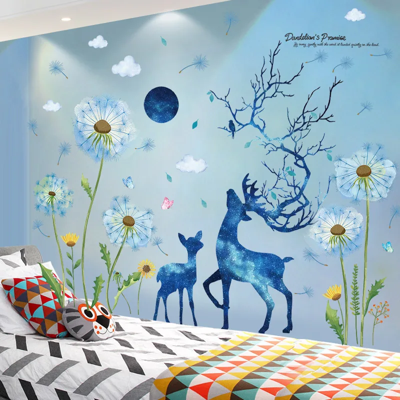 

Deer Animals Wall Sticker DIY Dandelion Flower Plants Mural Decals for Living Room Kids Bedroom Kitchen Nursery Home Decoration