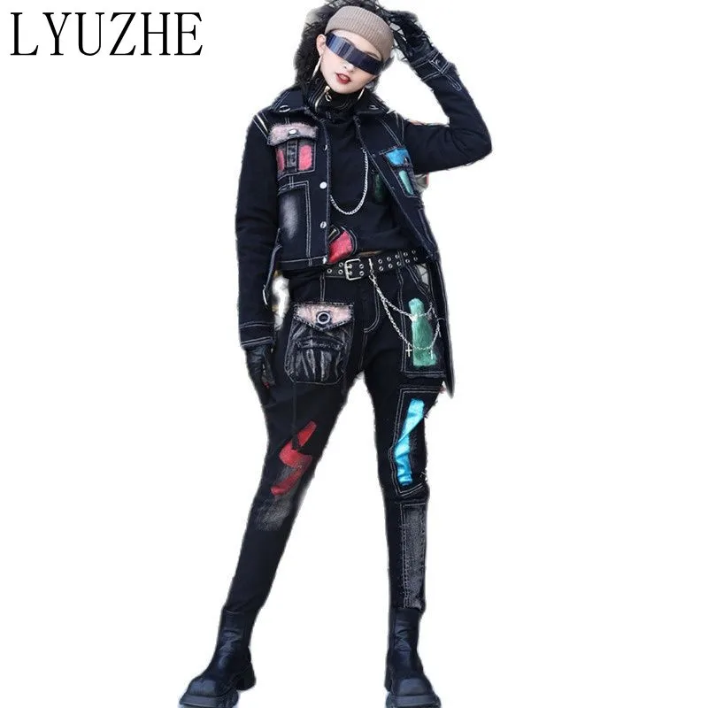 

LYUZHE Stitching Contrast Color Short Denim Jacket+Jeans 2022 Spring New Slim Plus Velvet Thick Black Denim Sets Women ZWL3002A