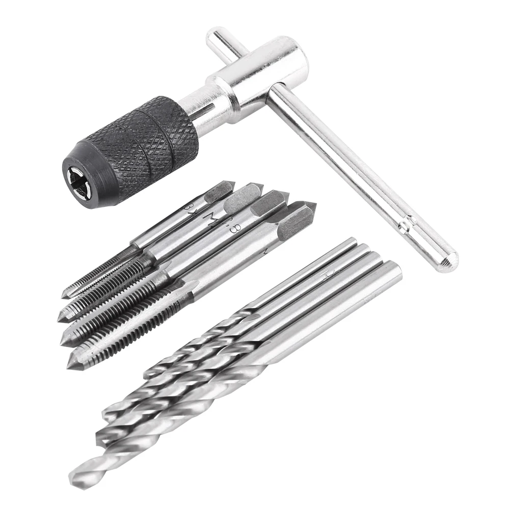 

9PCS/Set Screw Taps & T-shaped Wrench & Twist Drill Bits Threading Tapping Hand Tool Kit Tap Wrench