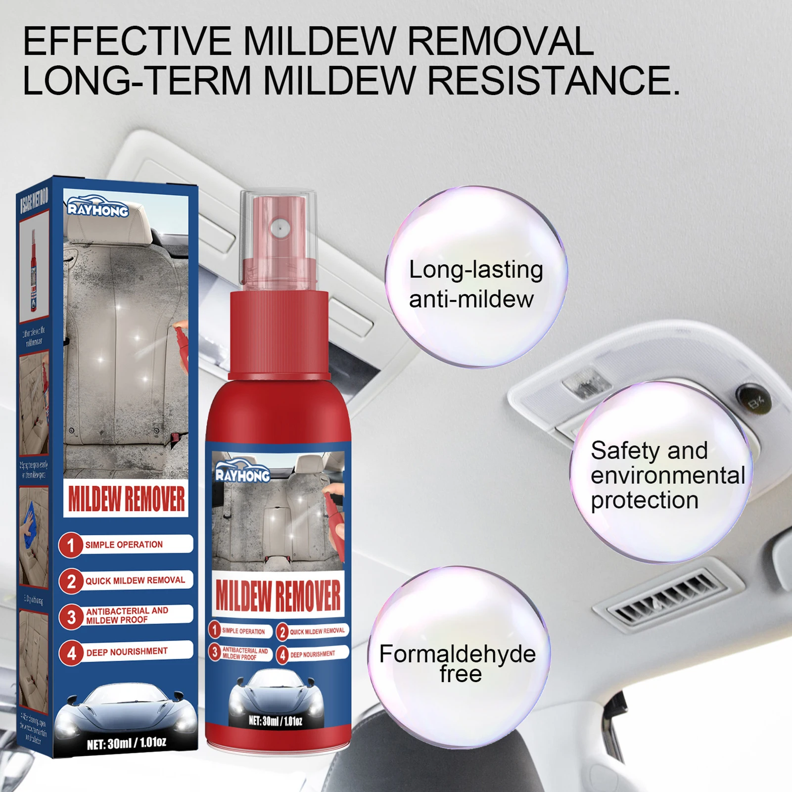 

Universal 30ml Car Interior Cleaner Power Car Mold Remover Car Upholstery Seats Foot Mats Headliner Mold Removal Cleaning Spray