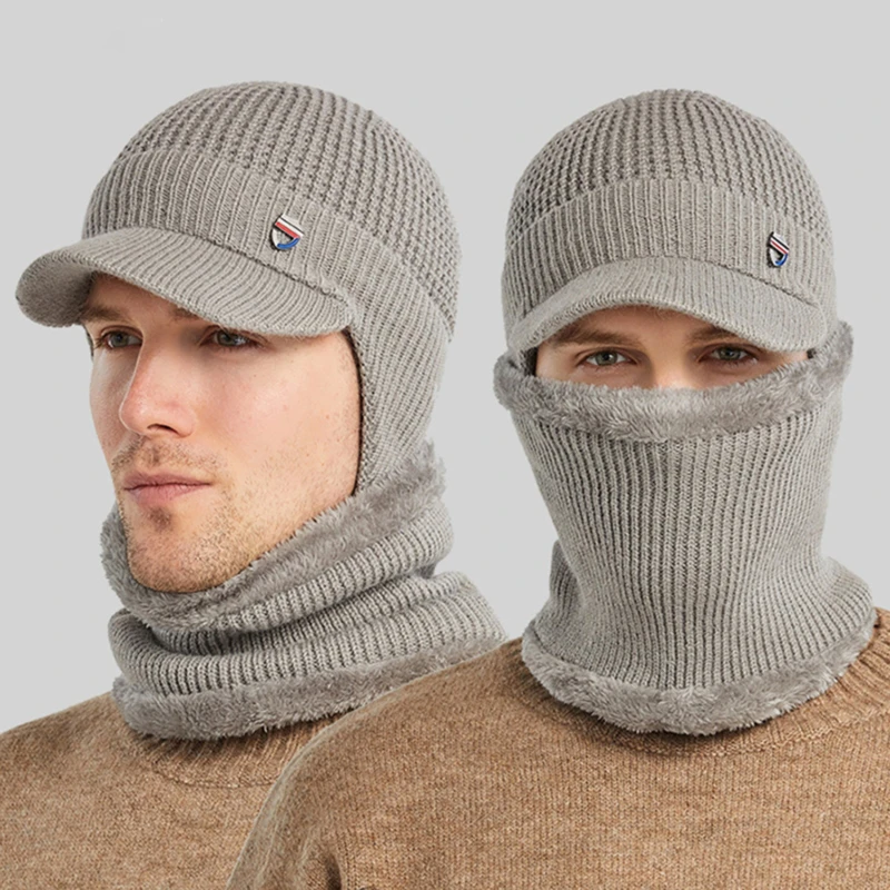 

2Pcs Men Winter Set Visor Earflap Beanie Hat with Scarf Knit Plush Lined Warmer Caps Balaclava Mask Gorras Bonnet Knitted Hat