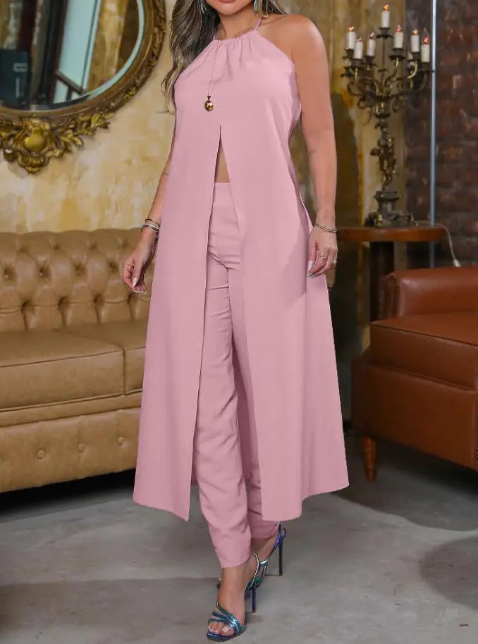 

Two Piece Sets Womens Outifits 2023 Summer Fashion Plain Halter Sleeveless Backless Longline Top & Casual High Waist Pants Set