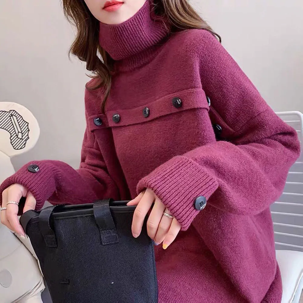 

Buttons Pullover Sweater Autumn Winter New Turtleneck Sweaters Women's Lazy Wind Korean Japanese Fashion Loose Knitted Shirt