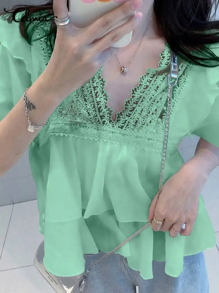 

Элегантные кружевные топы Celmia, модные однотонные блузки с коротким рукавом, женская короткая блузка с многослойными оборками, Летняя туник...