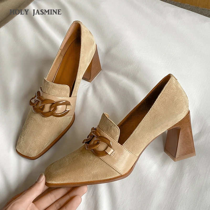 

Suede Square Toe Women's Spring Shoes 2021 Spring High Heels Pumps for Women Metal Decoration Working Party Shoes Woman Heels