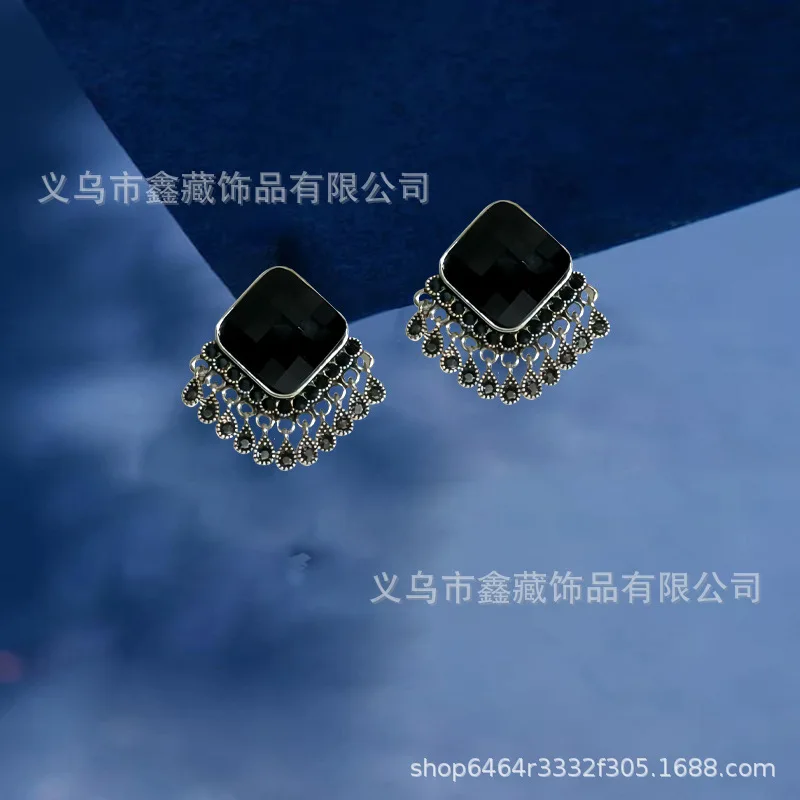 Винтажные серьги с черными кристаллами и бриллиантами бахромой женские