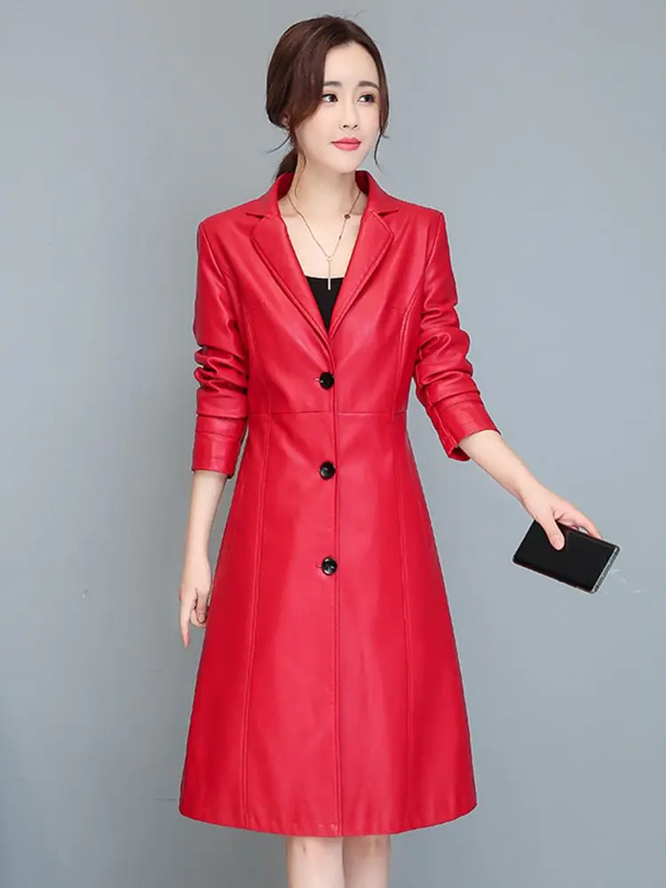 New Women Sheepskin Coat Spring Autumn Elegant Fashion V-Neck Slim Waist Leather Coat Light Green Long Blazer Split Leather