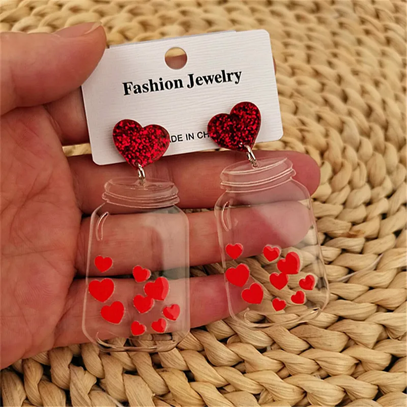 2022 New Fashion Cute Cartoon Red Heart Nursing Bottle Shape Acrylic Earrings Creative Sweet Earrings for Women Girls Jewelry