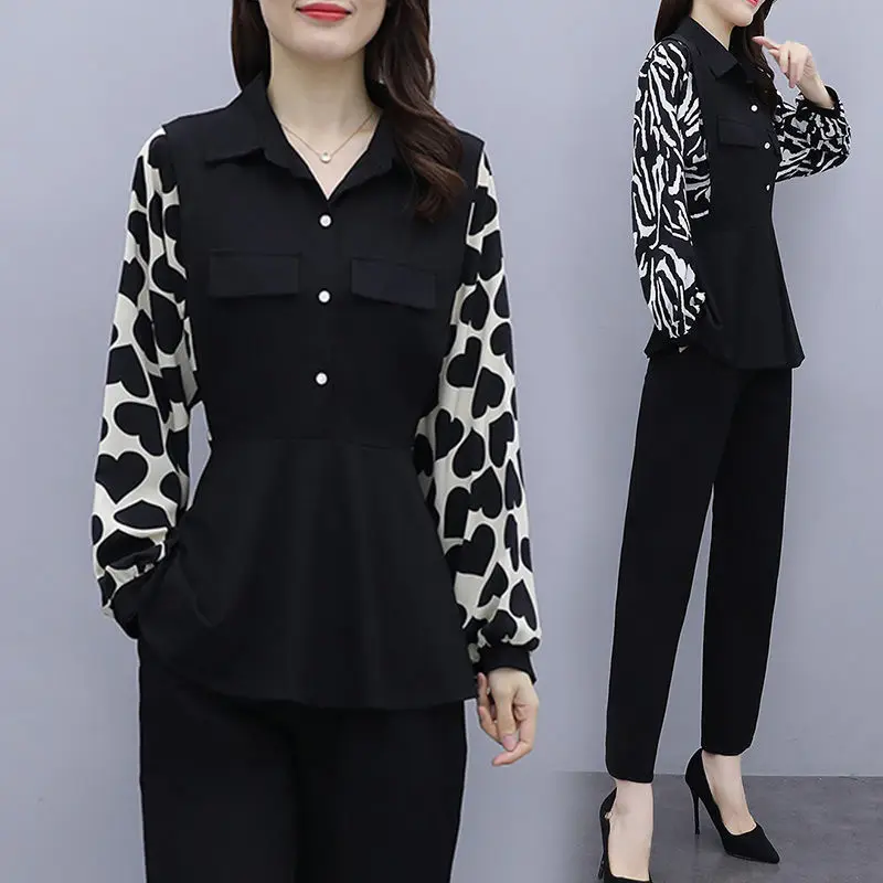 

Women Set 2022 Spring and Autumn New Korean Loose Large Size Slim Fashion Long Sleeve Blouse Pants Two-piece Women's Suit E153