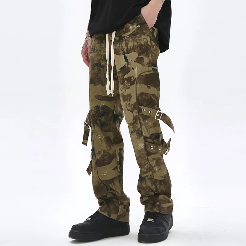 

High Street Knee Lace Up Camouflage Drawstring Mens Cargo Straight Loose Retro Harajuku Straps Casual Oversized Trousers