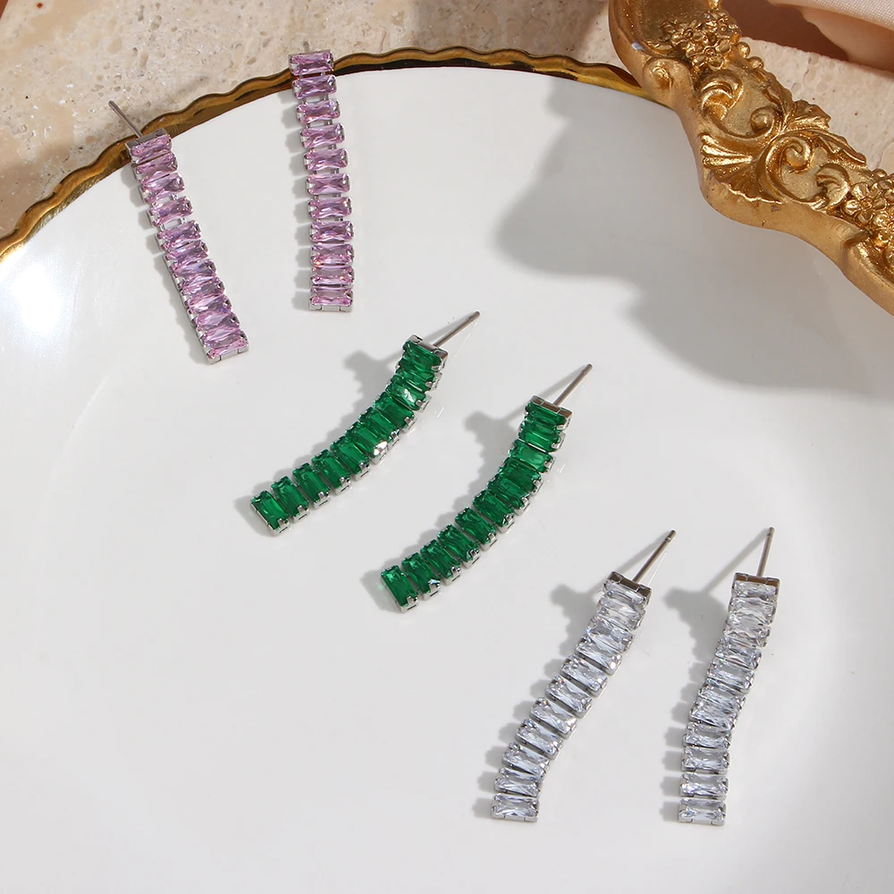 

Unique Shiny Green Pink Transparent Natural Zircon Chain Tassel Earrings 18K Plated Luxury Waterproof Stud Earrings for Women