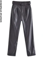 pailete women 2022 fashion with belt side pockets faux leather pants vintage high waist zipper fly female trousers mujer