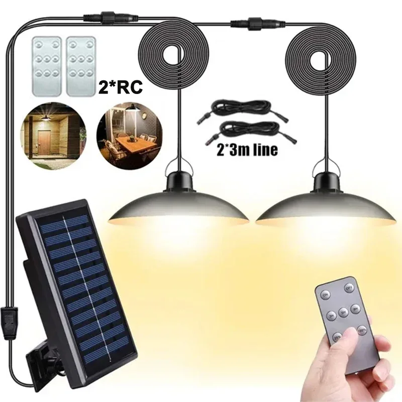 

Solar Pendant Light Outdoor Waterproof LED Lamp Double-head Chandelier Decorations with Remote Control for Indoor Shed Barn Room
