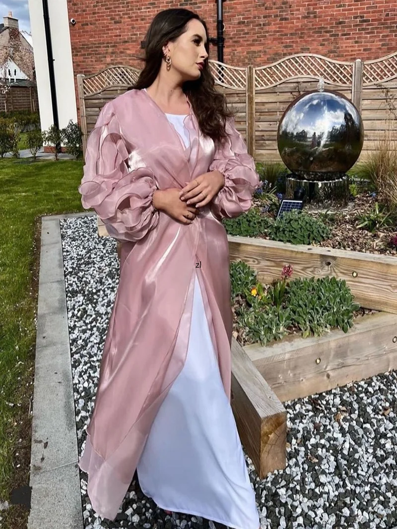 

Женская абайя с рукавами-фонариками, элегантный однотонный кардиган с рукавами-фонариками, свободная атласная Арабская мусульманская одеж...