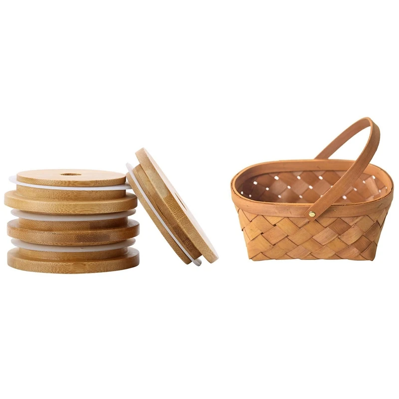 

1X Rattan Storage Basket Wooden & 4X Bamboo Mason Bottle Caps With Straw Holes,For 70Mm Regular Mouth Mason Jars