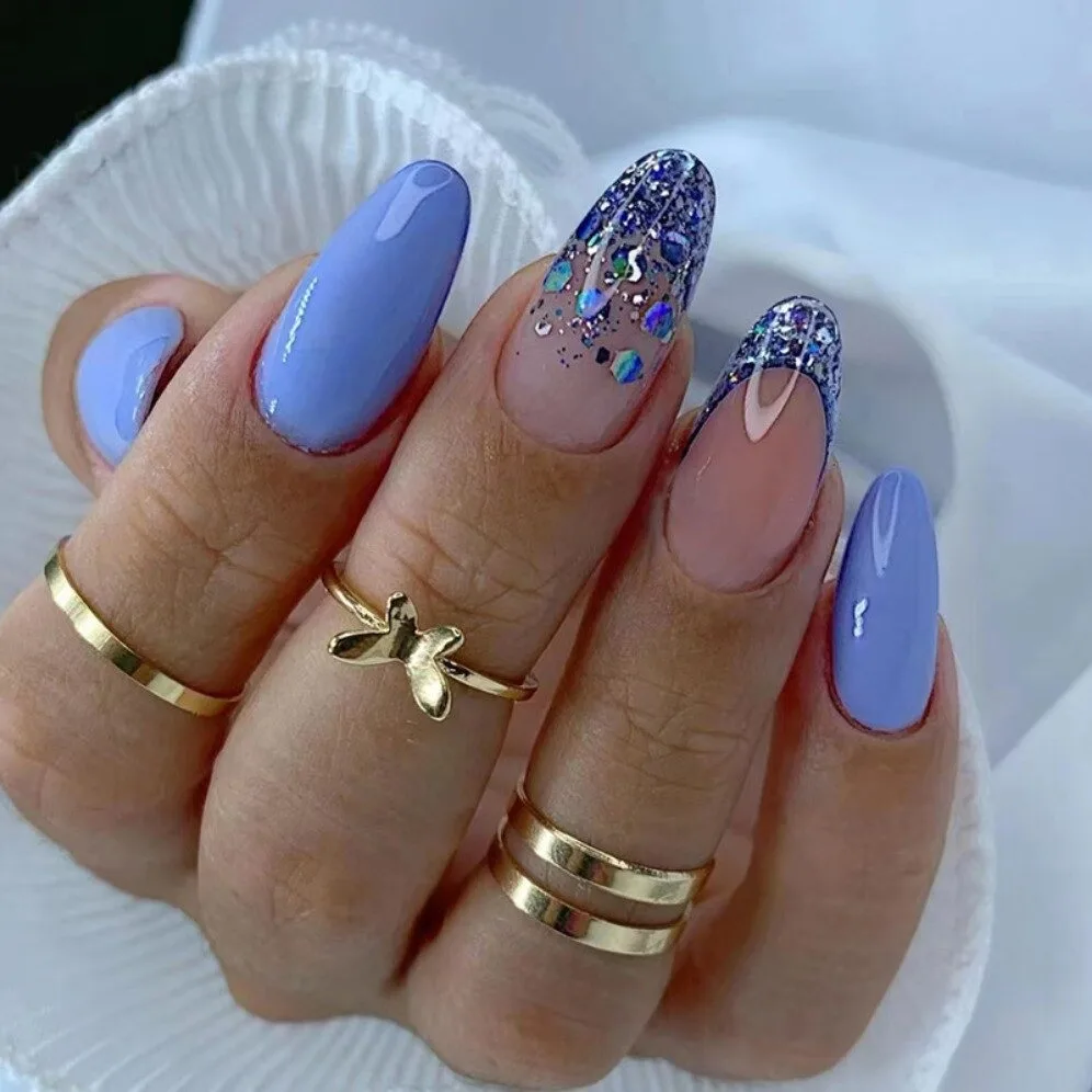 

24P Solid Blue Glitter Almond Nail Nail Art Fake Nails Artificial Acrylic Full Coverage False Nail Removable Press On Nails Tips