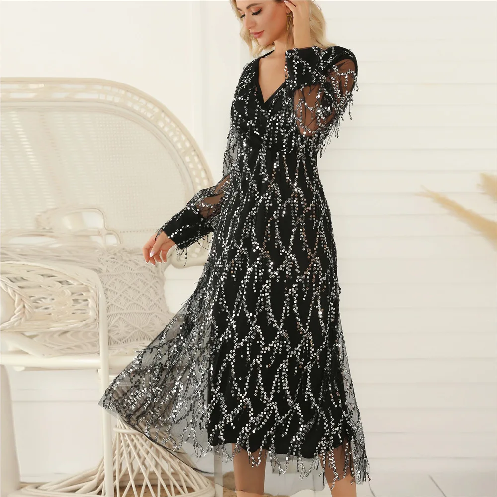 

WYWMY European American Style Women's Maxi Dress Spring Summer Dresses Elegant Mesh Long Sleeve Sequin Tassel Women's Long Dress